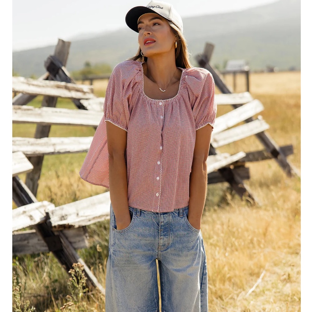 Roolee Red Checkered Puff Sleeve Blouse